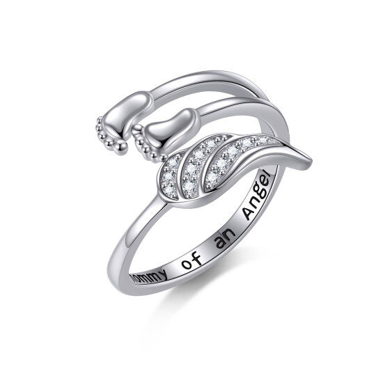 Sterling Silver Cubic Zirconia Angel Wing & Footprints Open Ring with Engraved Word