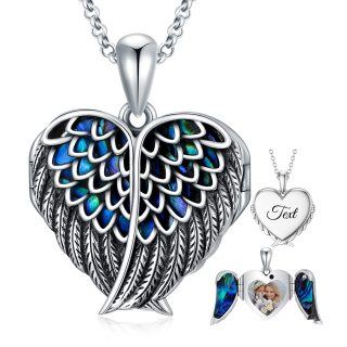 Sterling Silver Angel Wing Heart Abalone Shellfish Personalized Engraving Photo Locket Necklace-3