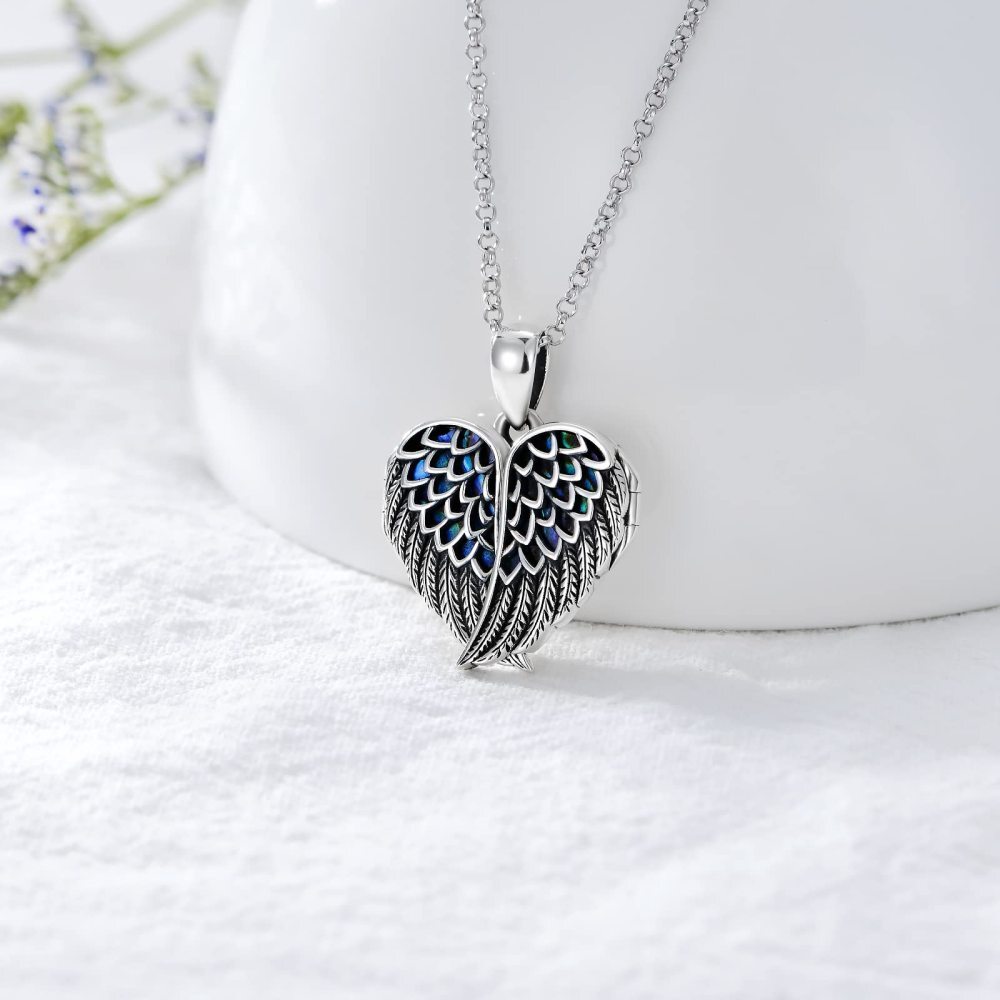 Sterling Silver Angel Wing Heart Abalone Shellfish Personalized Engraving Photo Locket Necklace-2
