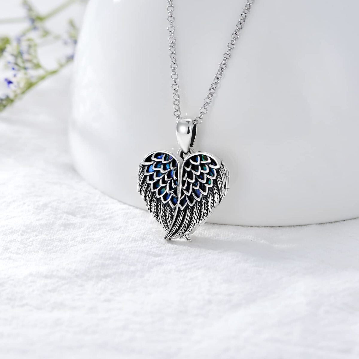 Sterling Silver Angel Wing Heart Abalone Shellfish Personalized Engraving Photo Locket Necklace-2