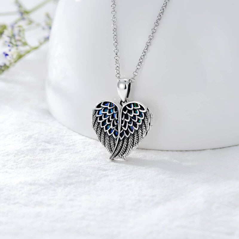 Sterling Silver Angel Wing Heart Abalone Shellfish Personalized Engraving Photo Locket Necklace-2