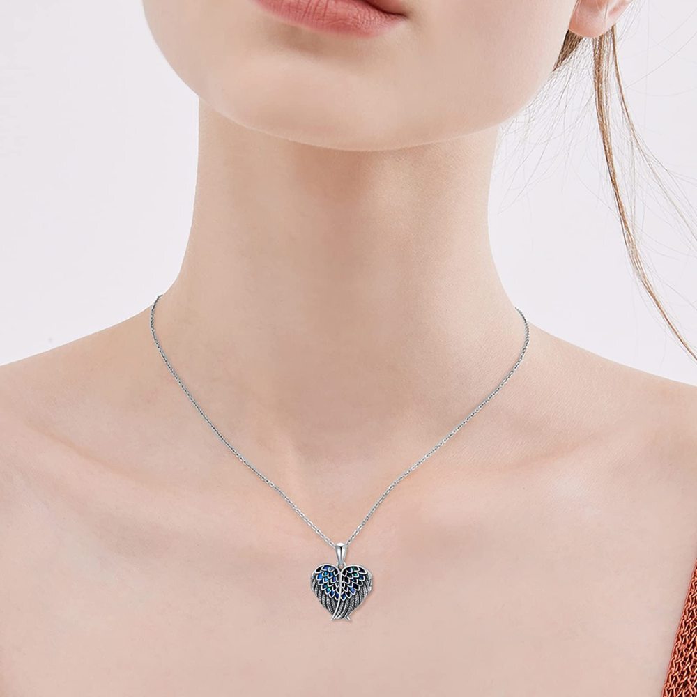 Sterling Silver Angel Wing Heart Abalone Shellfish Personalized Engraving Photo Locket Necklace-3