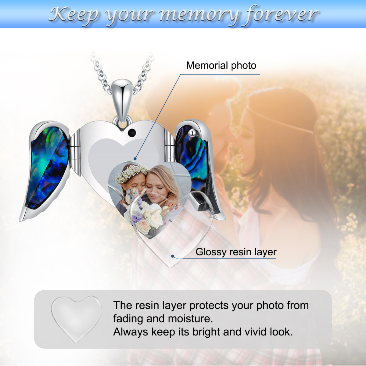 Sterling Silver Angel Wing Heart Abalone Shellfish Personalized Engraving Photo Locket Necklace-5