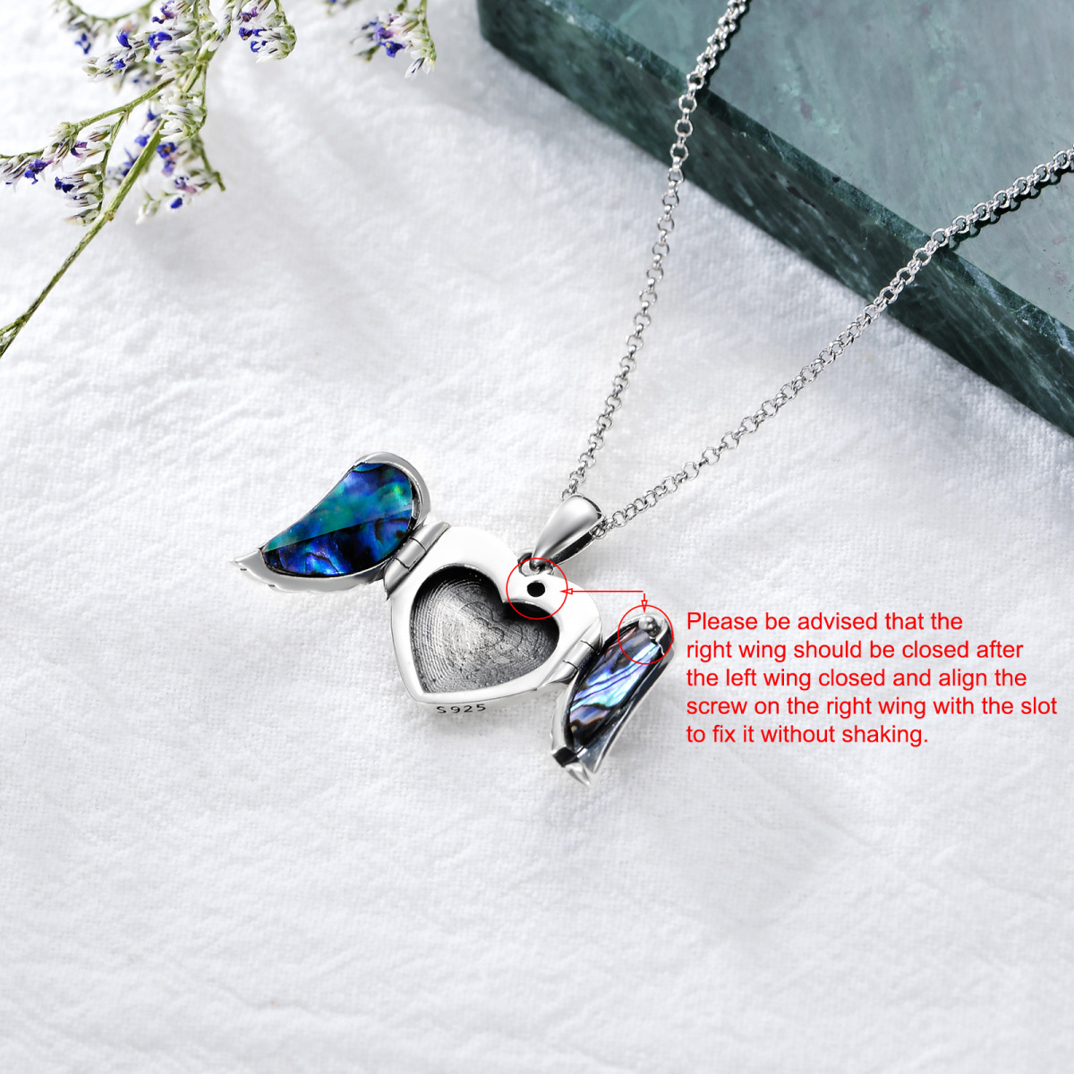 Sterling Silver Angel Wing Heart Abalone Shellfish Personalized Engraving Photo Locket Necklace-6