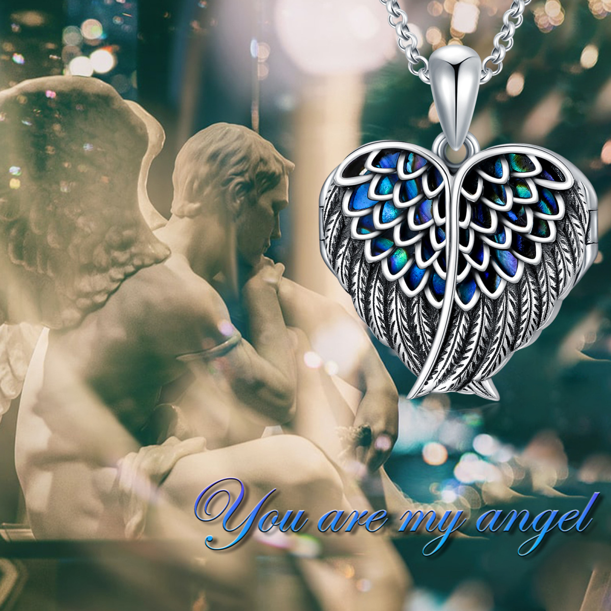 Sterling Silver Angel Wing Heart Abalone Shellfish Personalized Engraving Photo Locket Necklace-7