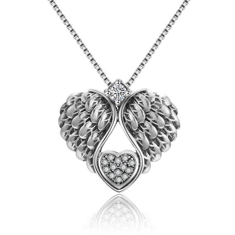 Plata de ley Cubic Zirconia Angel Wing & Heart Pendant Necklace-1