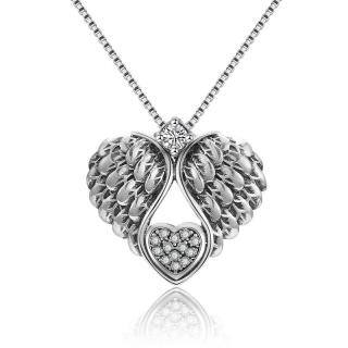 Sterling Silver Cubic Zirconia Angel Wing & Heart Pendant Necklace-2