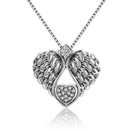 Sterling Silver Cubic Zirconia Angel Wing & Heart Pendant Necklace