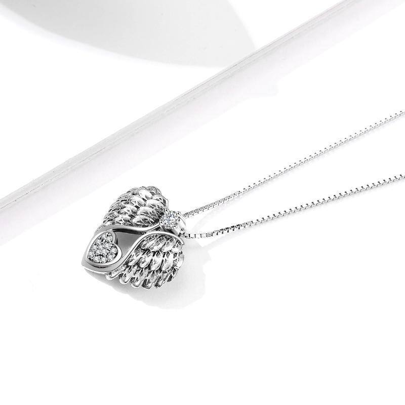 Plata de ley Cubic Zirconia Angel Wing & Heart Pendant Necklace-3