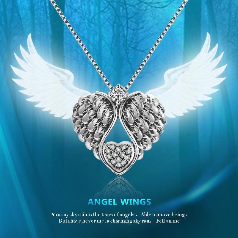 Sterling Silver Cubic Zirconia Angel Wing & Heart Pendant Necklace-6