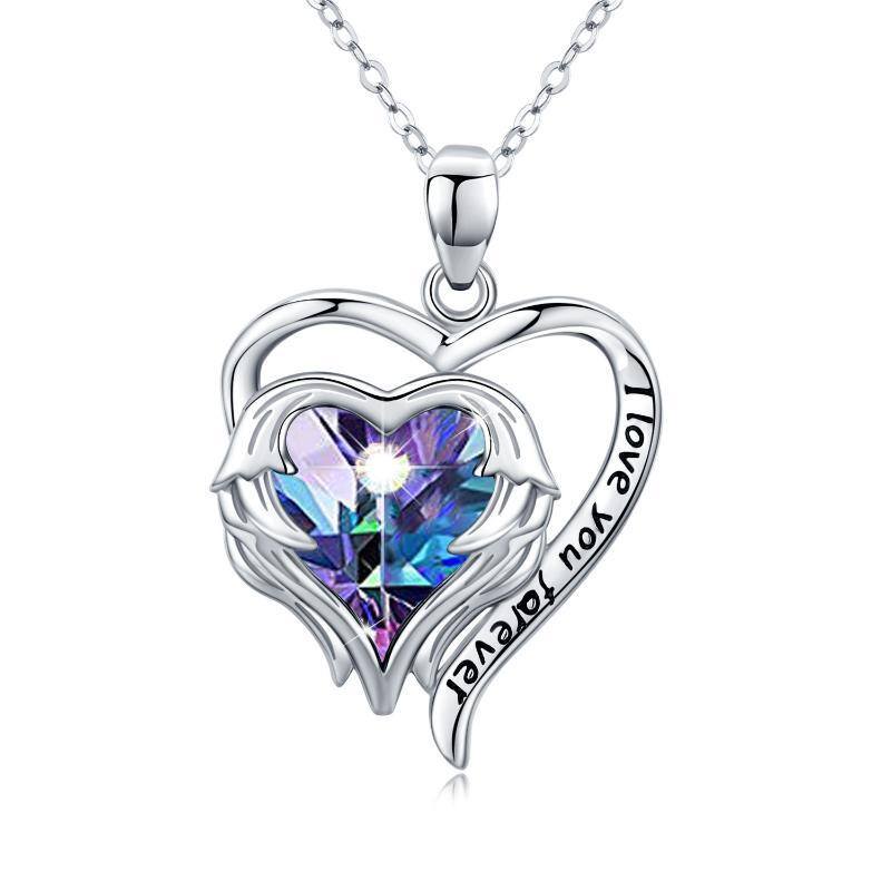 Collar con colgante de corazón de plata de ley con alas de ángel y cristales grabados para mujer-1