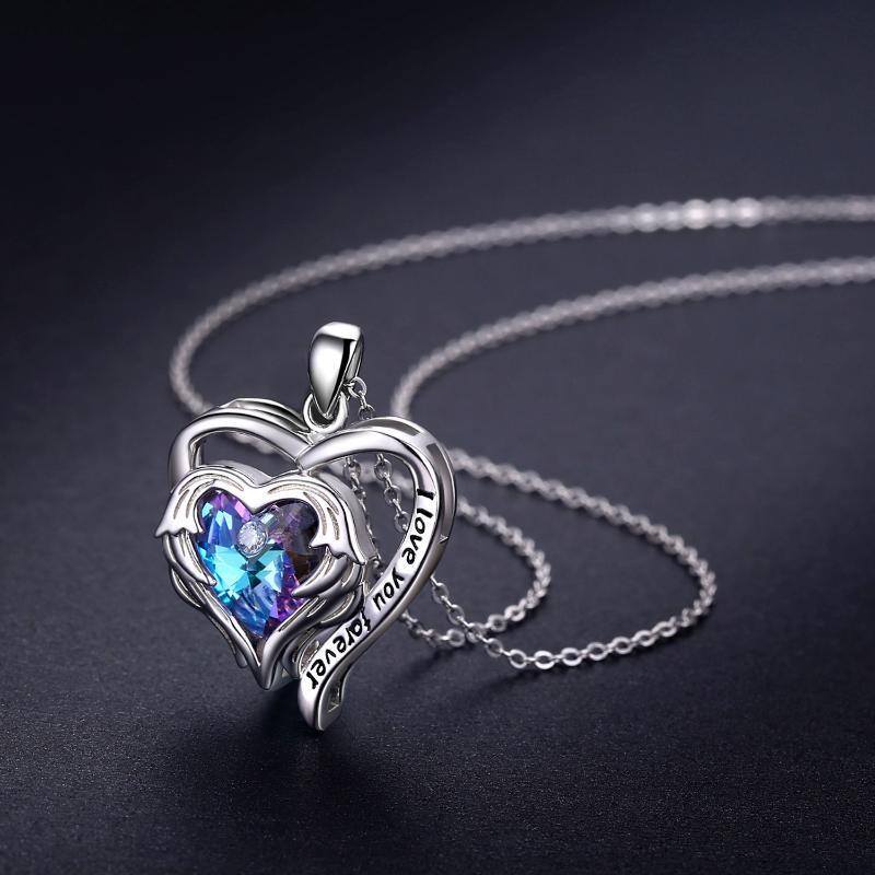 Sterling Silver Heart Crystal Angel Wing With Heart Pendant Necklace Engraved Words For Women-4