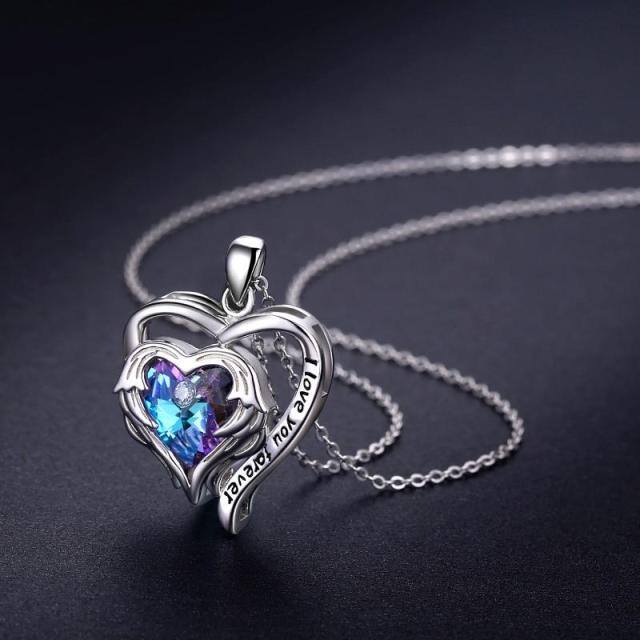 Sterling Silver Angel Wing Heart Pendant Necklace with Heart Shaped Crystal-4