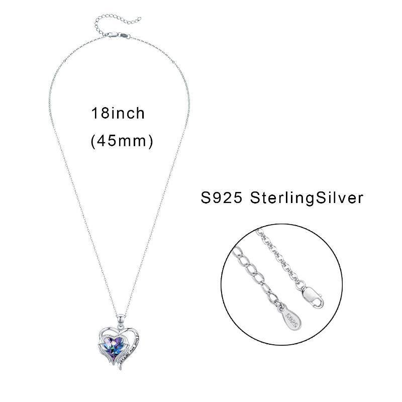 Sterling Silver Heart Crystal Angel Wing With Heart Pendant Necklace Engraved Words For Women-7