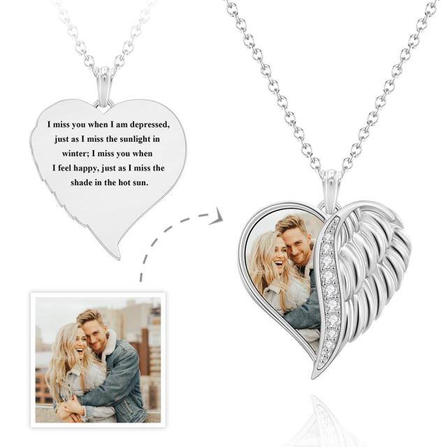 Collana con medaglione personalizzato con foto a forma di cuore con ala d'angelo in argento sterling con zirconi cubici-2