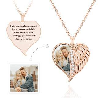 Sterling Silver Angel Wing & Heart Personalized Photo Locket Necklace Rose Gold Plated-4