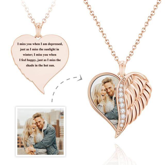 Sterling Silver Angel Wing & Heart Personalized Photo Locket Necklace Rose Gold Plated-2