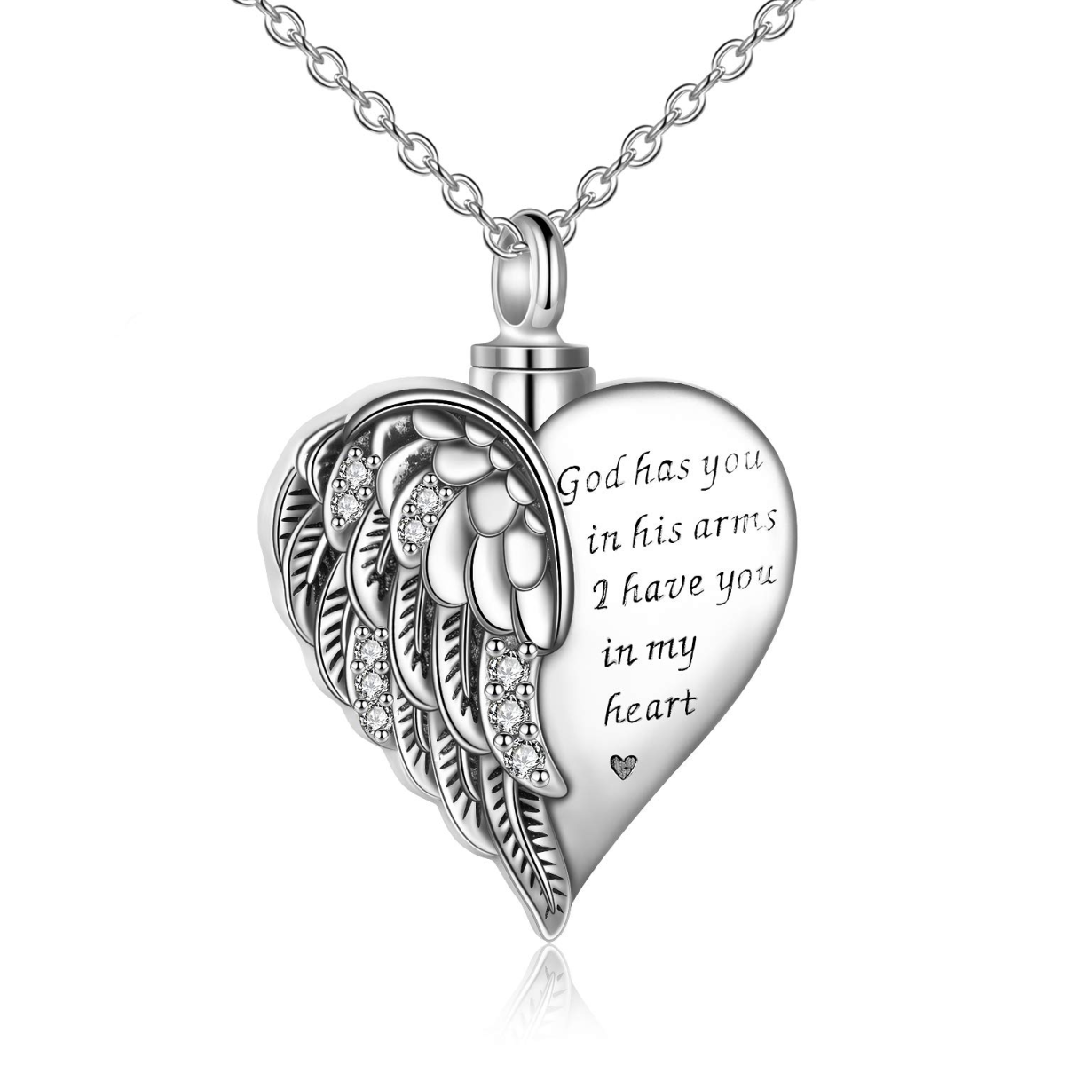 Collar de plata de ley con alas de ángel y corazón para cenizas grabado Dios te tiene en sus brazos-1