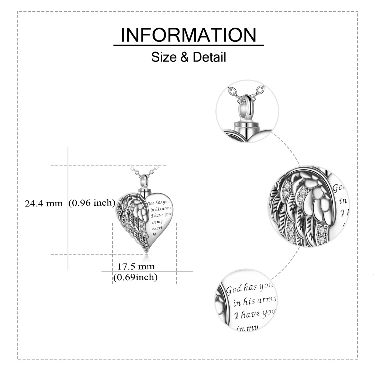 Sterling Silber Engel Flügel & Herz Urne Halskette für Asche graviert Gott hat dich in seinen Armen-6