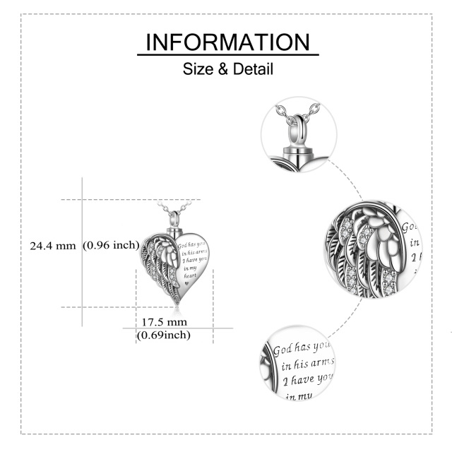 Colar de prata esterlina com asa de anjo e coração para urna de cinzas com a gravação God Has You in His Arms (Deus tem-te nos seus braços)-6