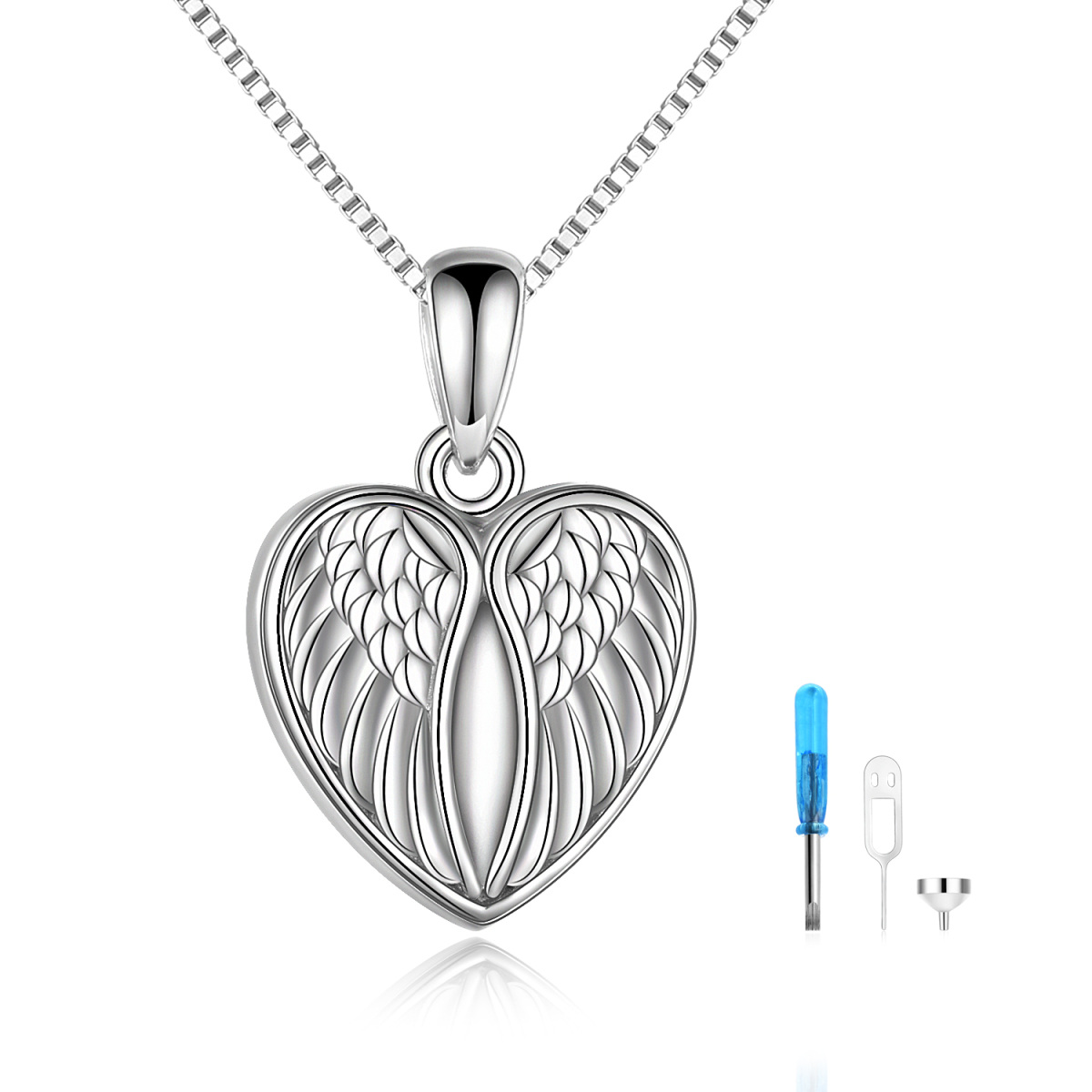 Sterling Silver Angel Wing & Heart Urn Necklace for Ashes with Engraved Word-1