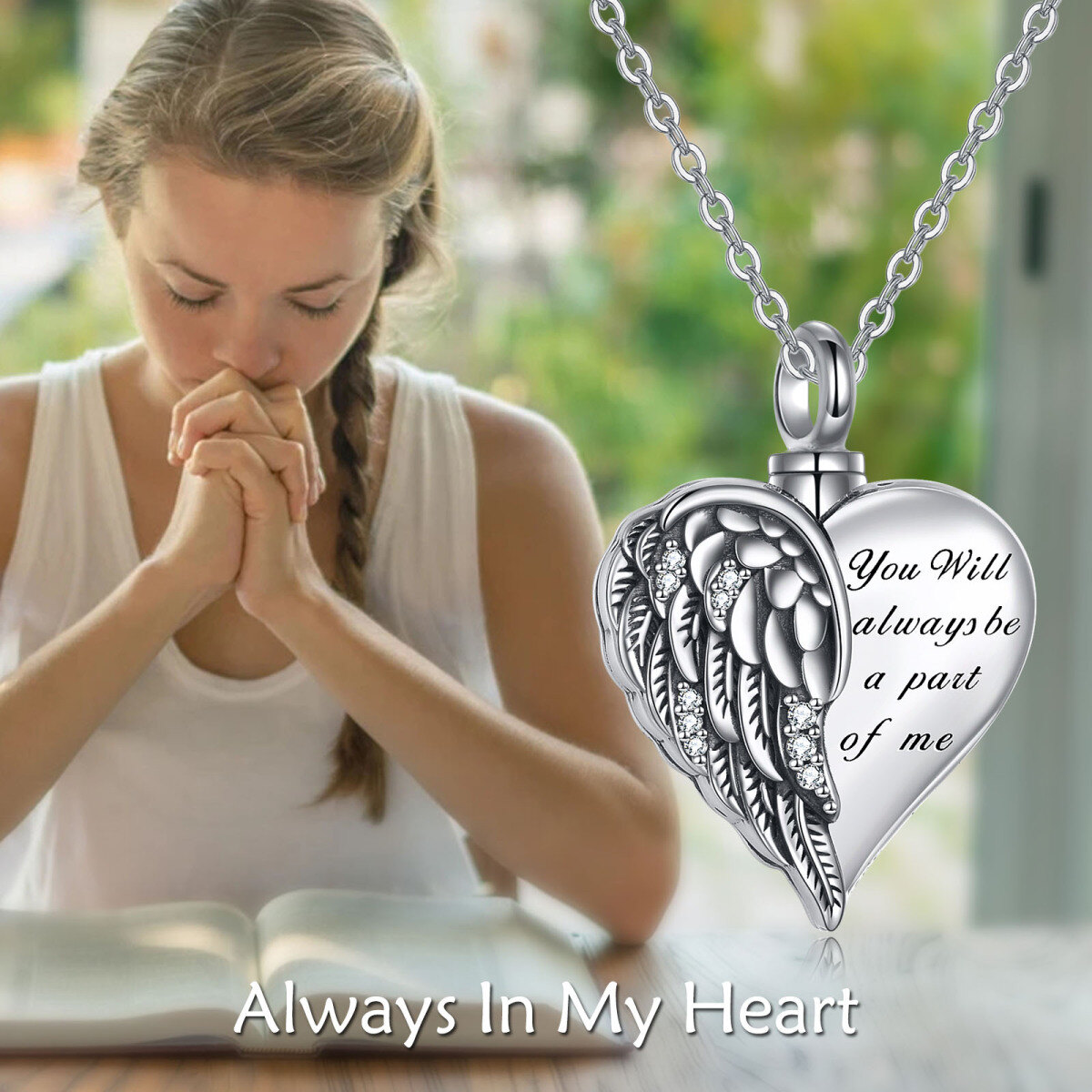 Sterling Silver Angel Wing & Heart Urn Necklace for Ashes with Engraved Word-3