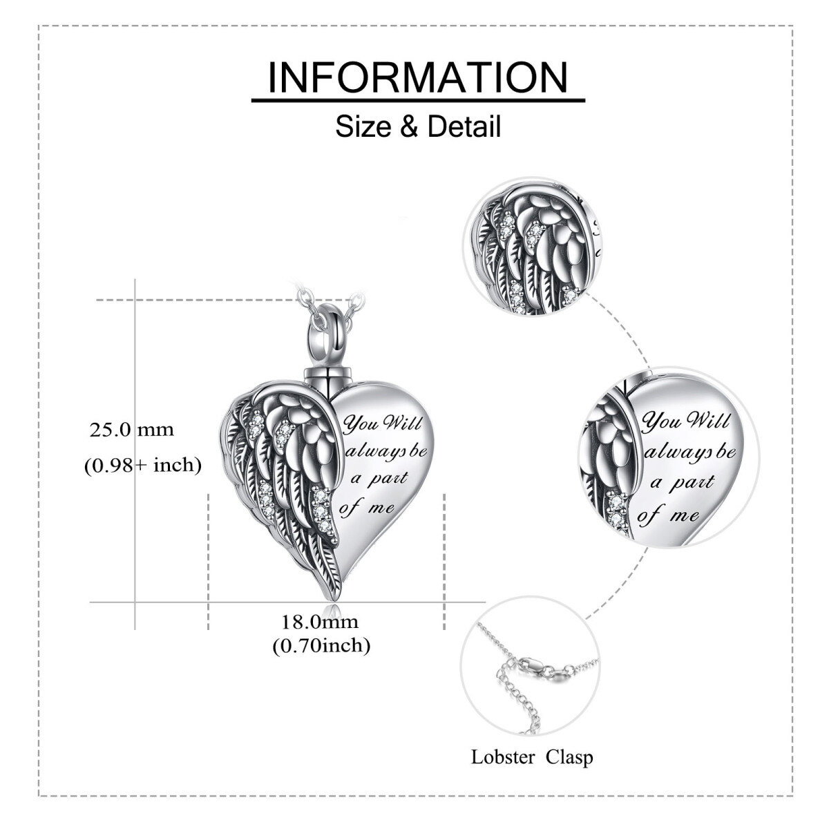 Sterling Silber Engel Flügel & Herz Urne Halskette für Asche mit eingraviertem Wort-6