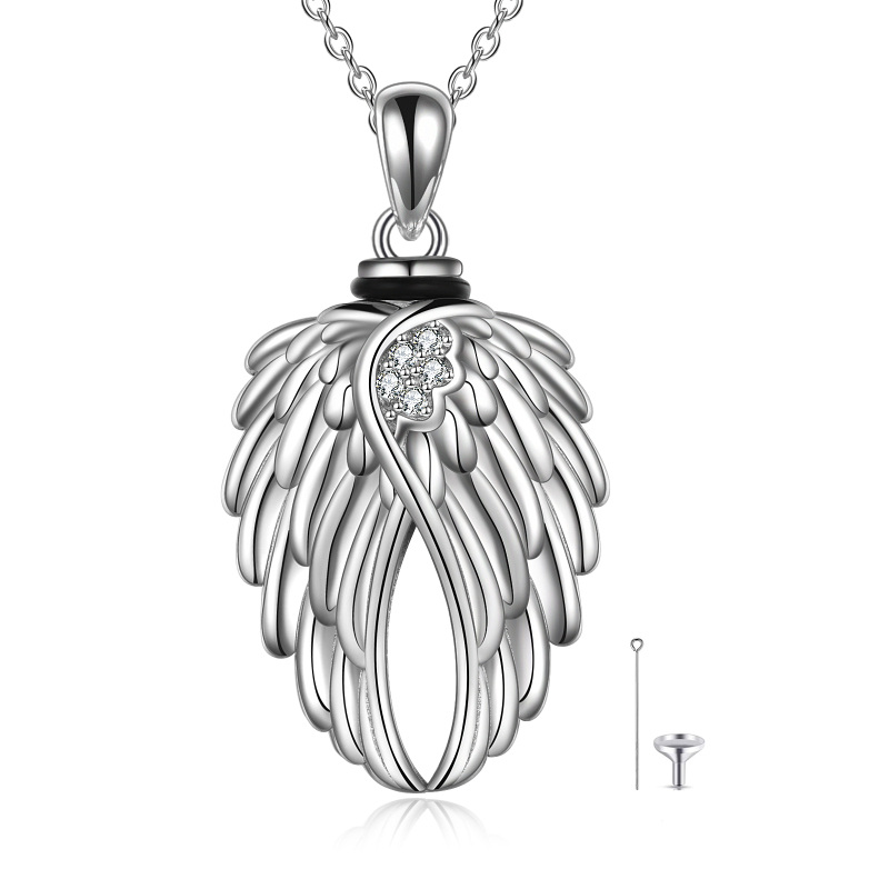 Sterling Silver Angel Wing & Heart Urn Necklace for Ashes with Engraved Word-45