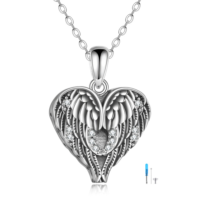 Sterling Silver Cubic Zirconia Angel Wing & Heart Urn Necklace for Ashes-1