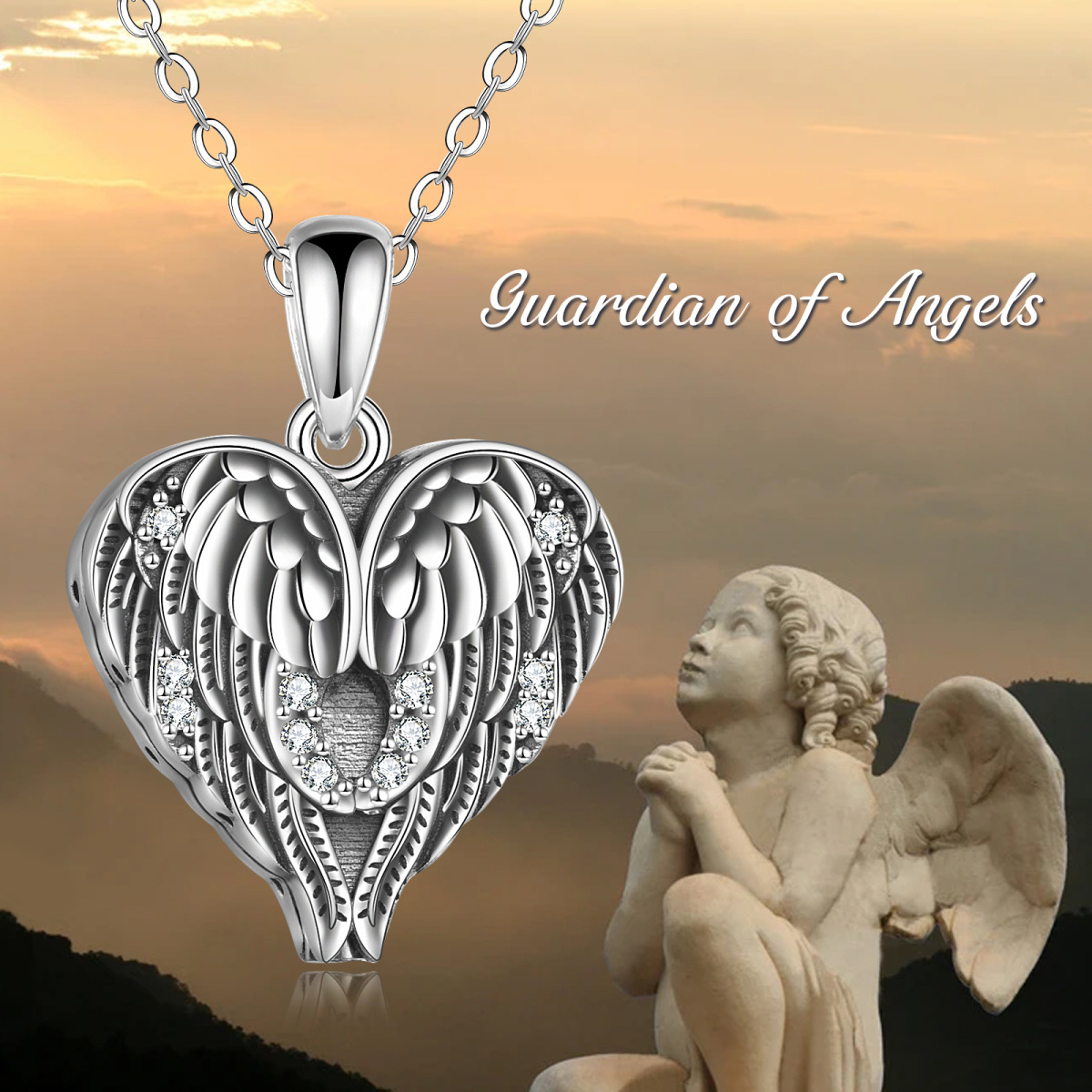 Plata de ley Cubic Zirconia Angel Wing & Heart Urn Necklace for Ashes-6