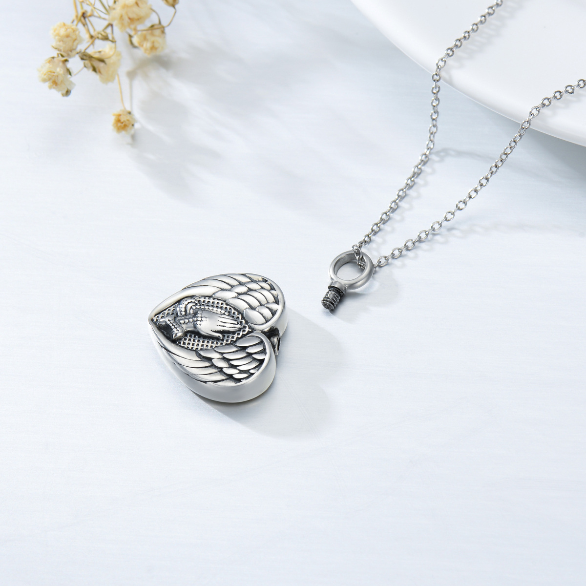 Sterling Silver Angel Wing & Heart Urn Necklace for Ashes-4