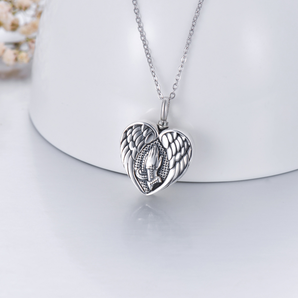 Collar de urna con forma de corazón y ala de ángel de plata de ley para cenizas-5