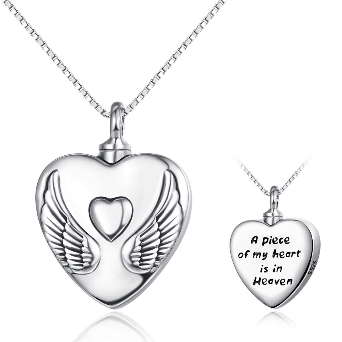 Sterling Silver Angel Wing & Heart Urn Necklace for Ashes with Engraved Word-1