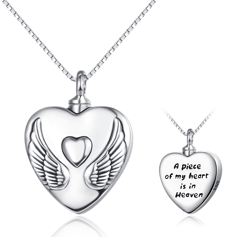 Sterling Silver Angel Wing & Heart Urn Necklace for Ashes with Engraved Word-40