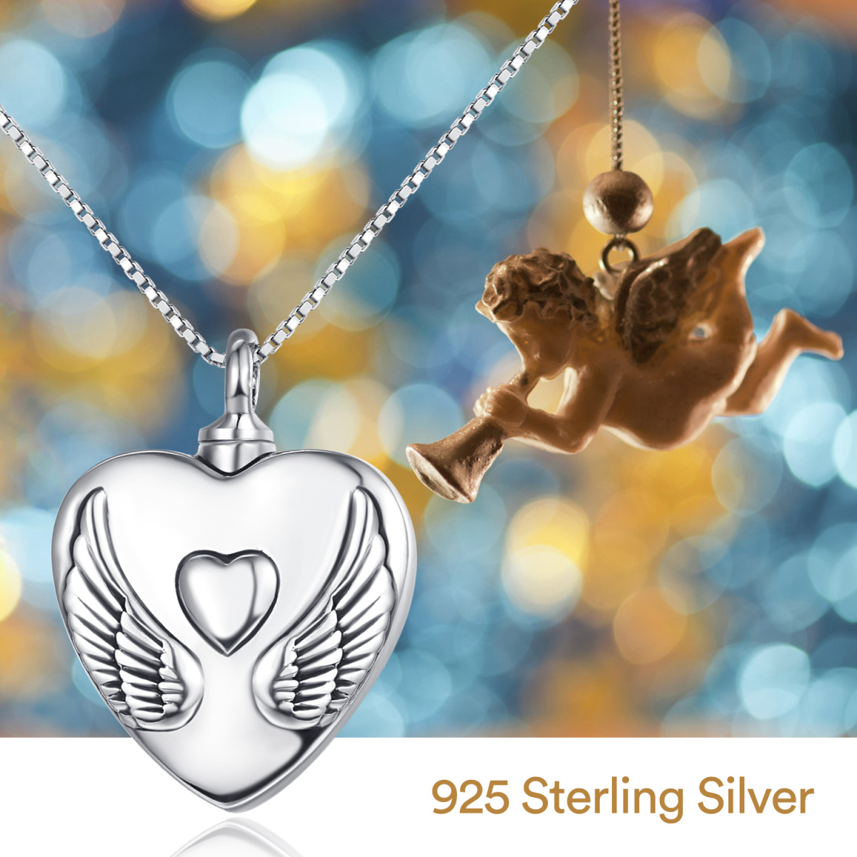 Sterling Silver Angel Wing & Heart Urn Necklace for Ashes with Engraved Word-6