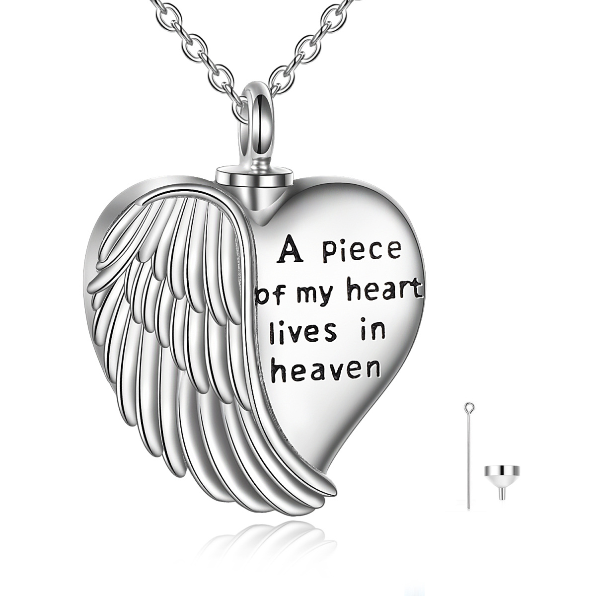 Collar de urna con forma de corazón y ala de ángel de plata de ley para cenizas con grabado "Un pedazo de mi corazón está en el cielo"-1