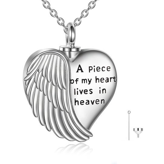 Collar urna para cenizas de plata de ley con alas de ángel y corazón grabado Un trozo de mi corazón está en el cielo