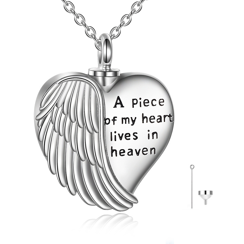 Collar urna para cenizas de plata de ley con alas de ángel y corazón grabado Un trozo de mi corazón está en el cielo-1