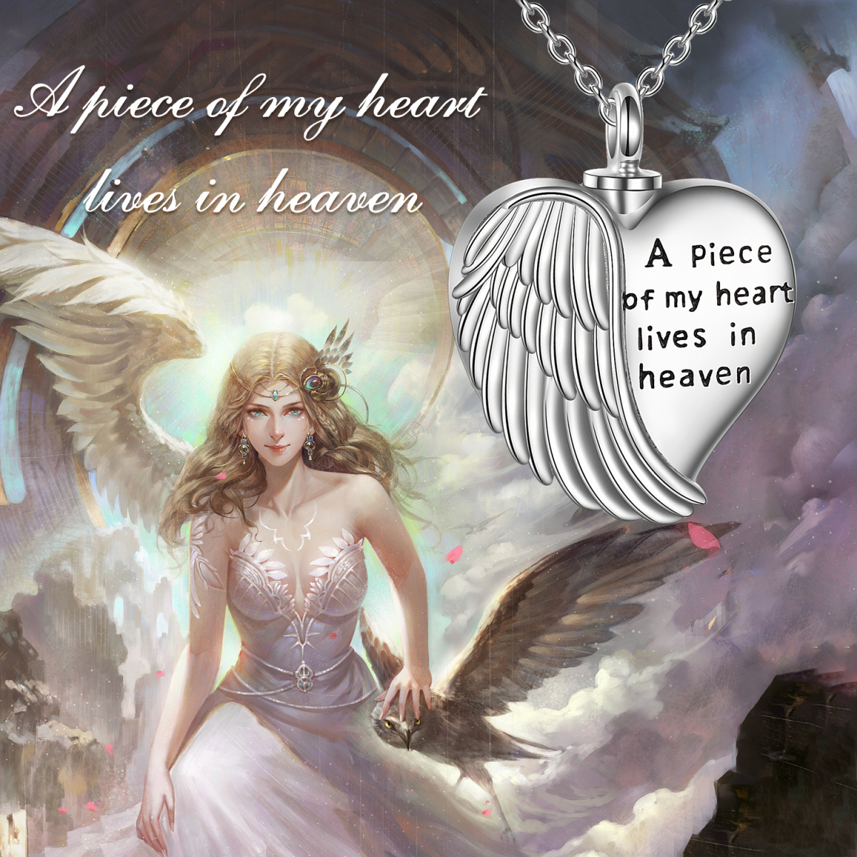 Sterling Silver Angel Wing Heart Urn Necklace For Ashes Engraved A Piece Of My Heart Is In Heaven-3