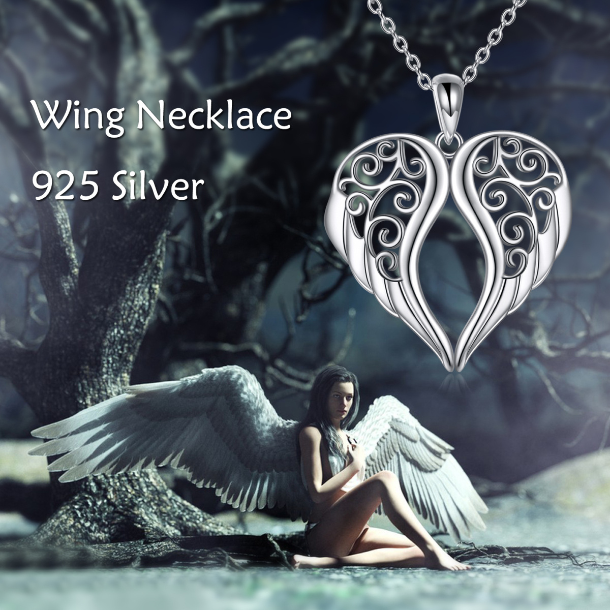 Sterling Silver Angel Wing Pendant Necklace-6