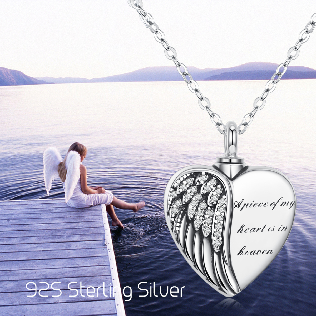 Sterling Silver Angel Wing A Piece of My Heart is in Heaven Urn Necklace for Ashes-5