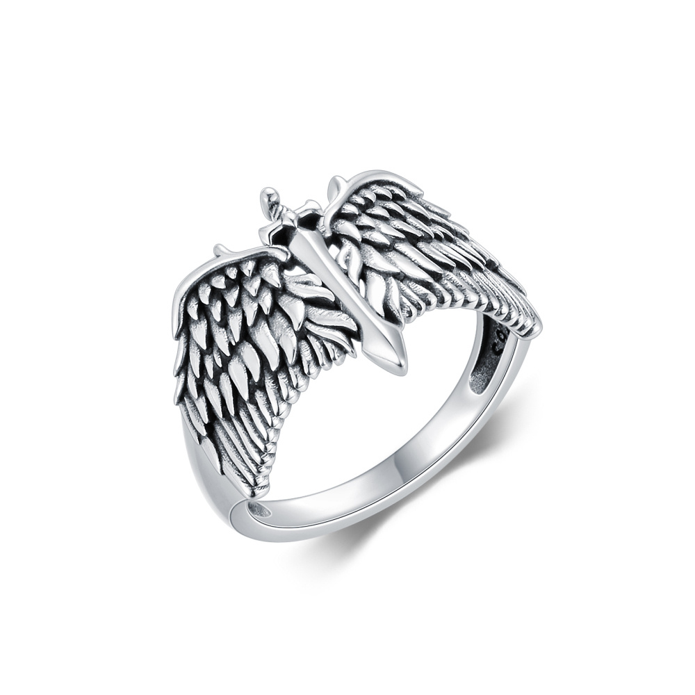 Bague épée en argent sterling avec ailes d'ange pour homme-1