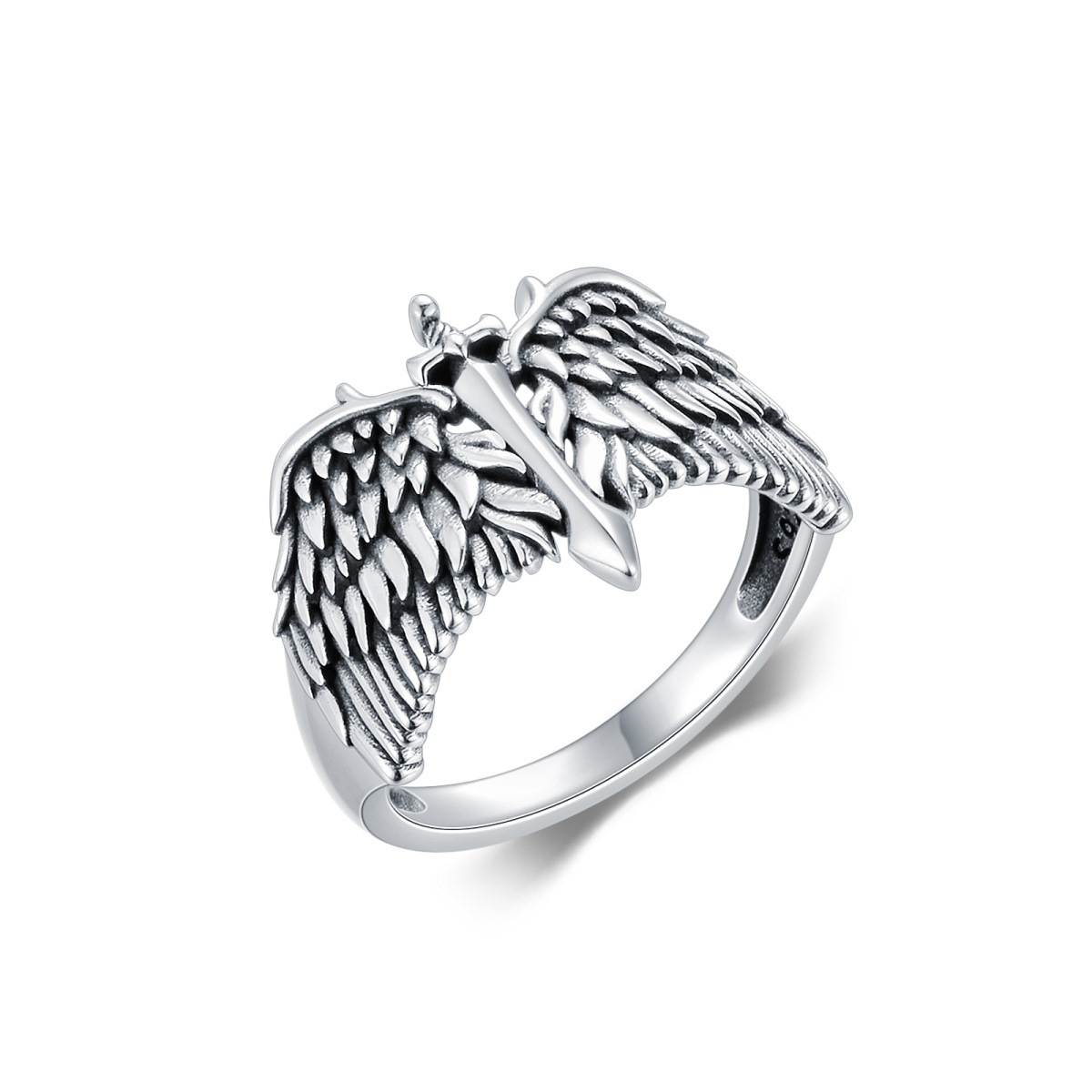 Anillo de plata de ley con forma de espada y alas de ángel para hombre-1