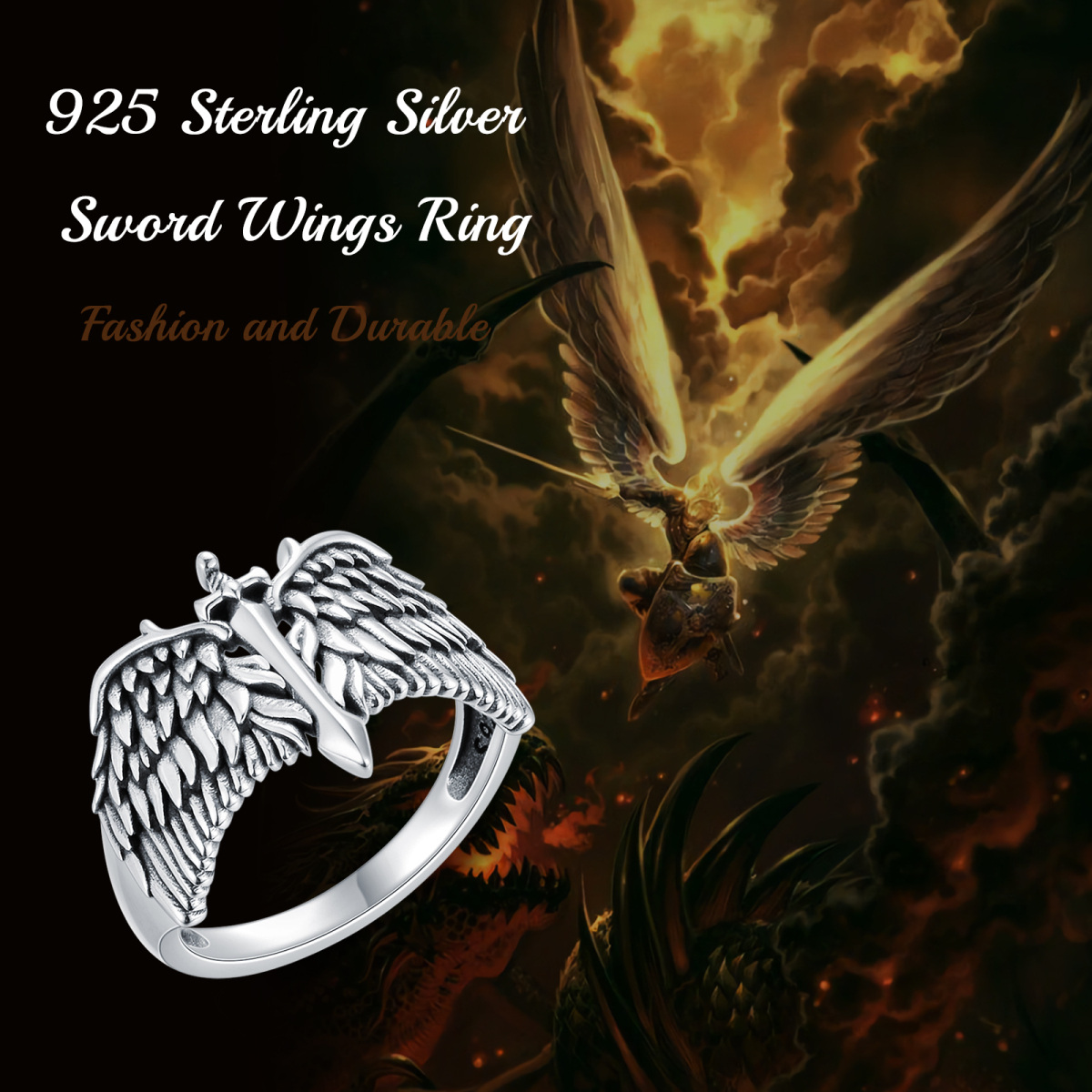 Sterling Silver Angel Wing & Sword Ring for Men-3