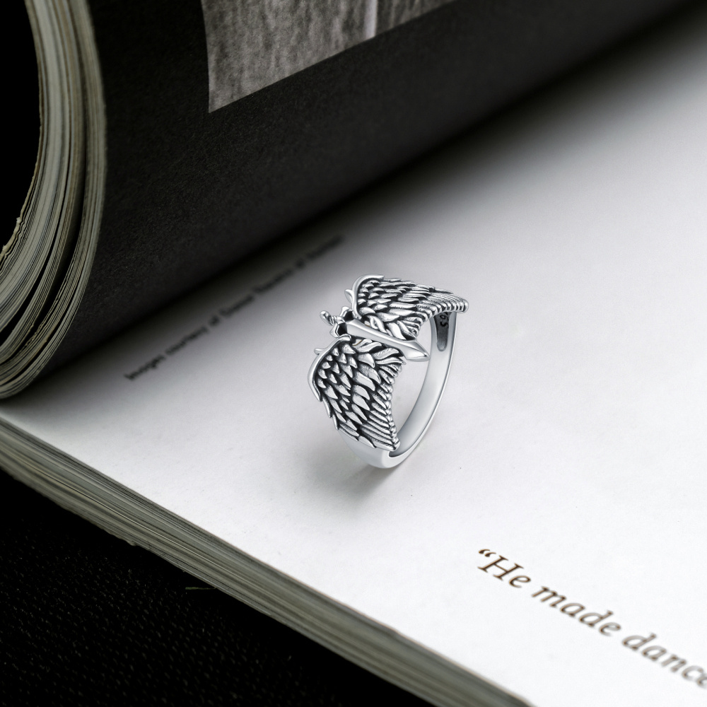 Bague épée en argent sterling avec ailes d'ange pour homme-4