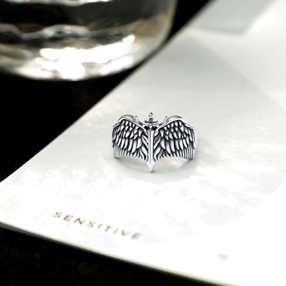Bague épée en argent sterling avec ailes d'ange pour homme-5