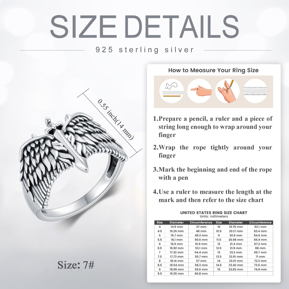 Bague épée en argent sterling avec ailes d'ange pour homme-7