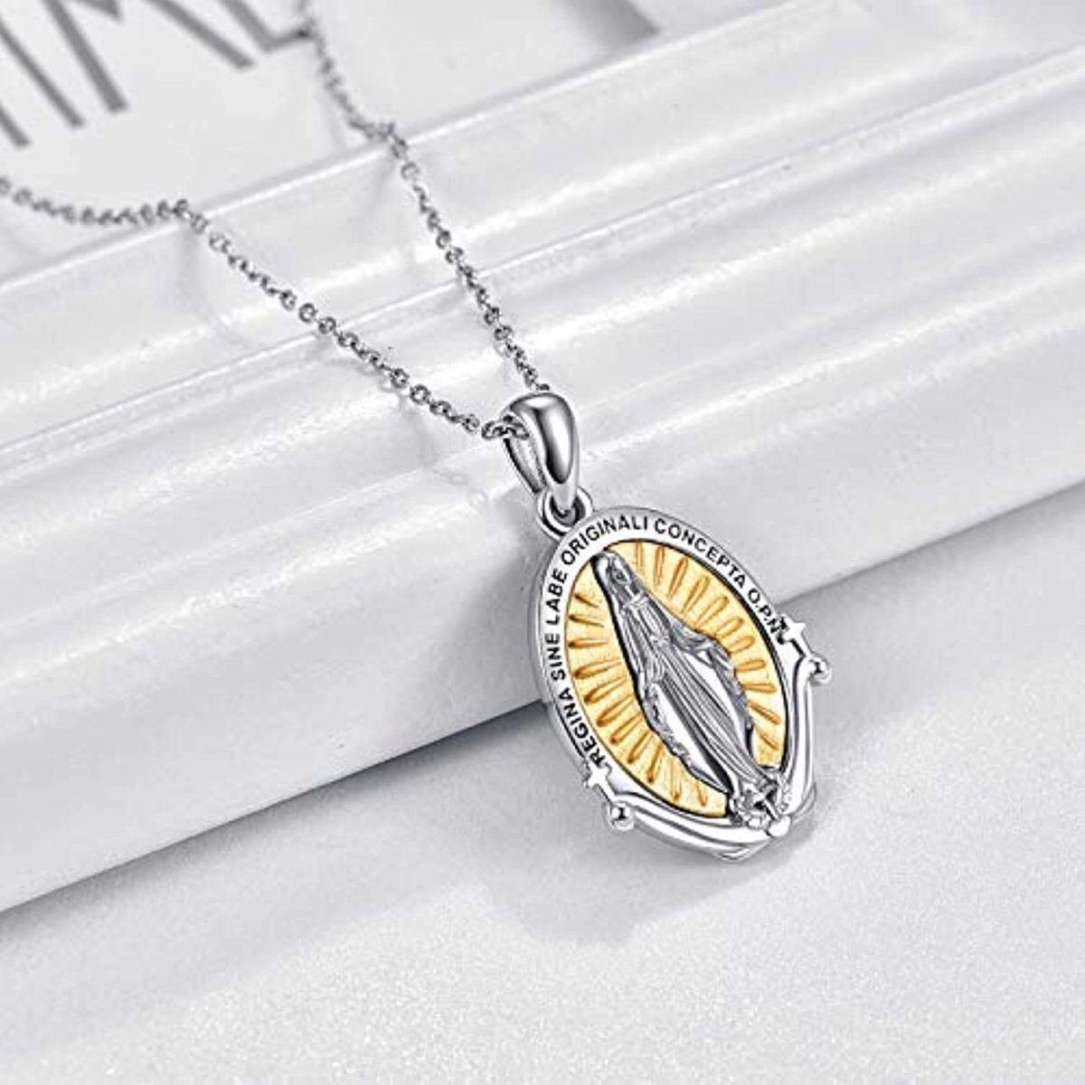 Sterling Silver Angel Wing & Virgin Mary Pendant Necklace-5