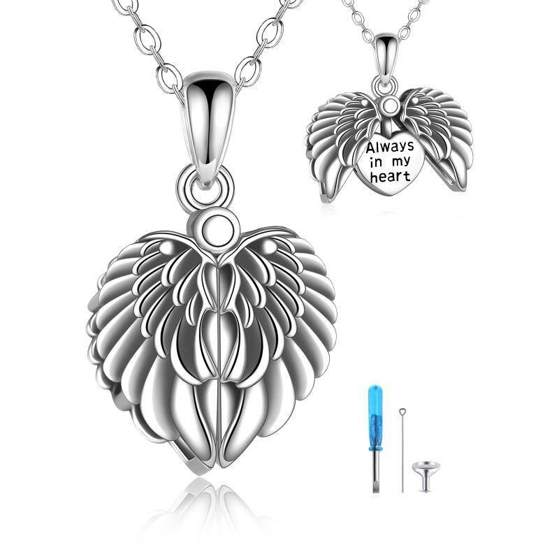 Sterling Silver Angel Wings & Heart Locket Urn Necklace for Ashes with Engraved Word-47