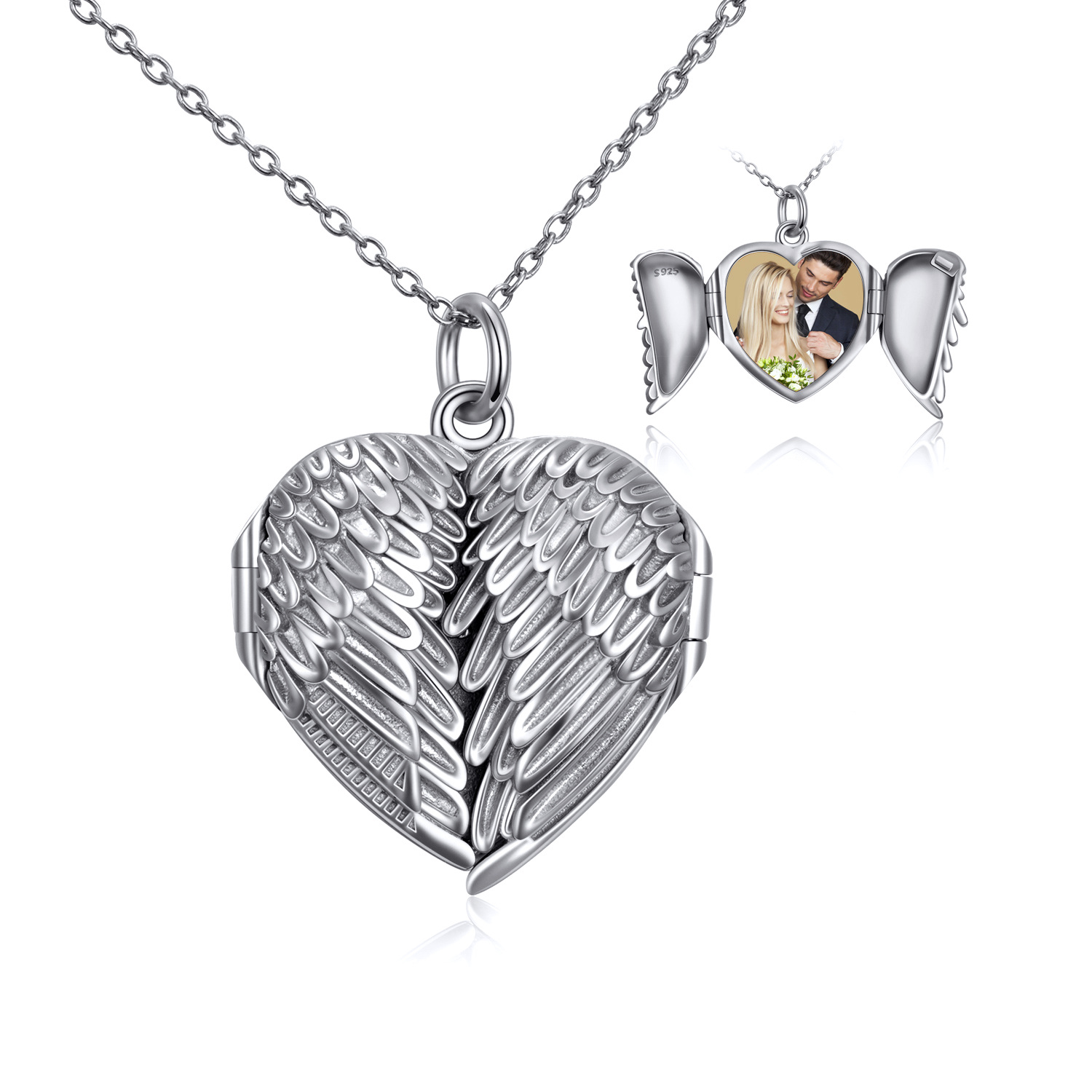 Plata de Ley Angel Wings Corazón Personalizado Foto Locket Collar